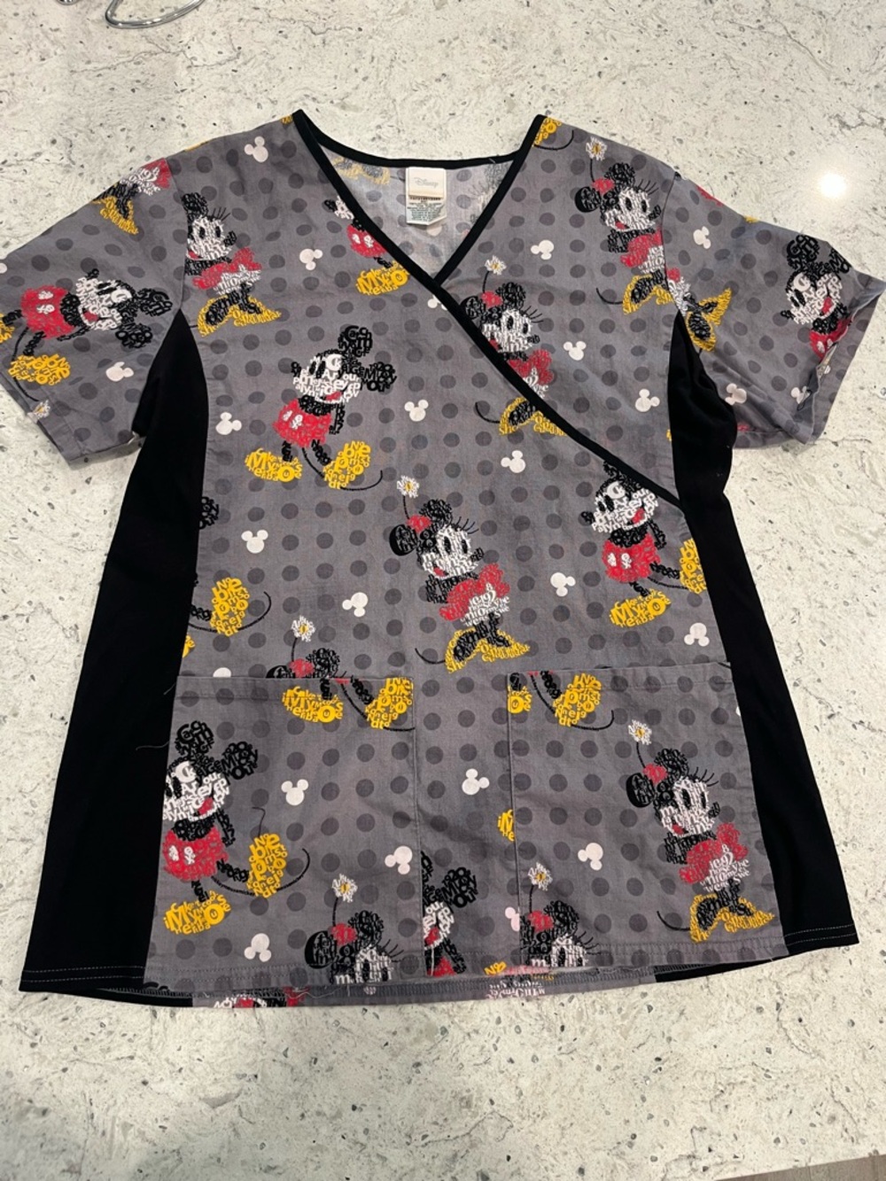 Disney V-Neck Scrub Top with Gray Polka Dot and Character Accents